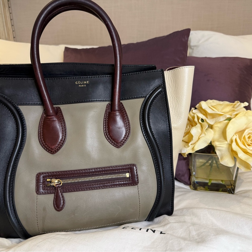 Celine Rare Tri-Color Luggage Tote Black, Gray, Burgundy and Cream Satchel
